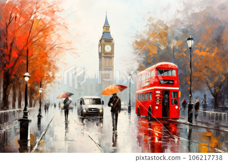 London cityscape with Big Ben and red double decker bus, illustration painting London cityscape with Big Ben and red double decker bus, illustration painting 106217738