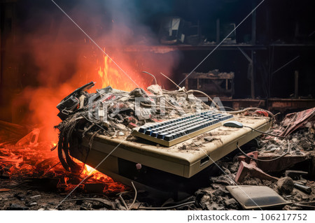 Old broken computer monitor on the ruins of an old building after a fire Old broken computer monitor on the ruins of an old building after a fire 106217752
