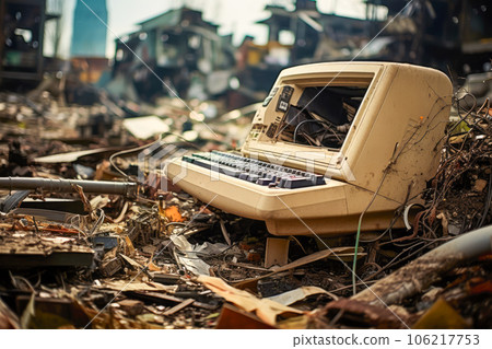 Old broken computer monitor on the ruins of an old building after a fire Old broken computer monitor on the ruins of an old building after a fire 106217753