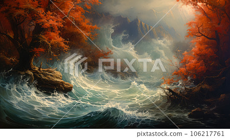 abstract painting of a big wave breaking on the shore of a forest abstract painting of a big wave breaking on the shore of a forest 106217761