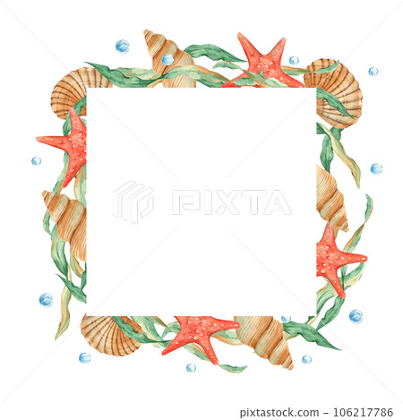 Sea square frame, seaweeds, seashells, red starfish and water bubbles. Marine design. Watercolor hand drawn illustration isolated on white background. For cards, logos, marine design. Sea square frame, seaweeds, seashells, red starfish and water bubbles. Marine design. Watercolor hand drawn illustration isolated on white background. For cards, logos, marine design. 106217786
