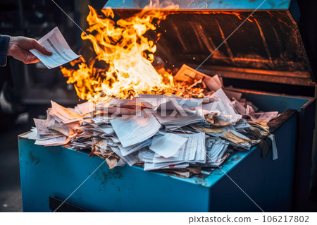 Garbage bin full of paper waste burning in the fire at night Garbage bin full of paper waste burning in the fire at night 106217802