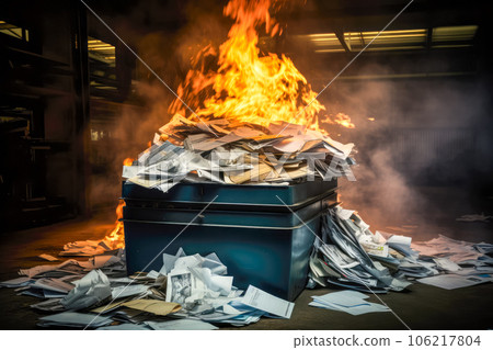 Garbage bin full of paper waste burning in the fire at night Garbage bin full of paper waste burning in the fire at night 106217804