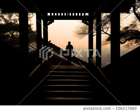 Silhoutte climbs a japanese temple staircase 106217860