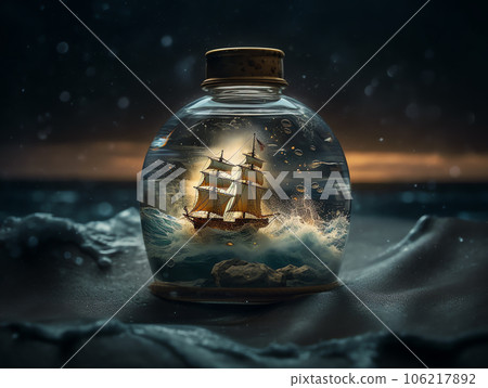 Ship inside of a bottle on the ocean Ship inside of a bottle on the ocean 106217892