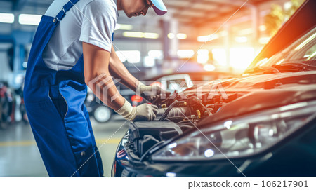 Auto mechanic working in auto repair service. Car mechanic working in auto repair shop 106217901