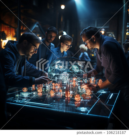 Many people sitting around a futuristic table Many people sitting around a futuristic table 106218187