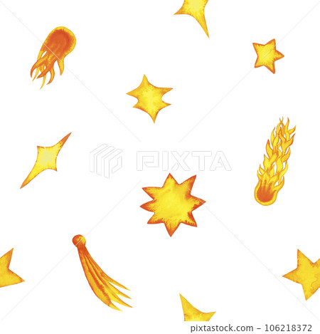 Stars and comet seamless pattern. Hand drawn watercolor illustration isolated on white. Background for website, banner, card. Wrapping paper, birthday decor 106218372