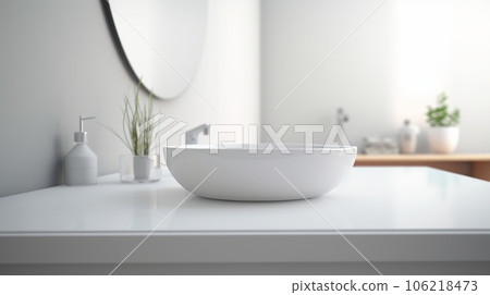 Stylish sink on white countertop in modern white bathroom with green plant and window 106218473