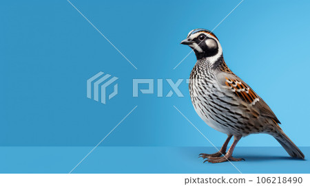 Advertising portrait, banner, classic color bird quail, in full growth, isolated on blue background. High quality photo 106218490