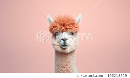Advertising portrait, banner, funny alpaca with orange hair, looks straight, isolated on pink background. High quality photo 106218529