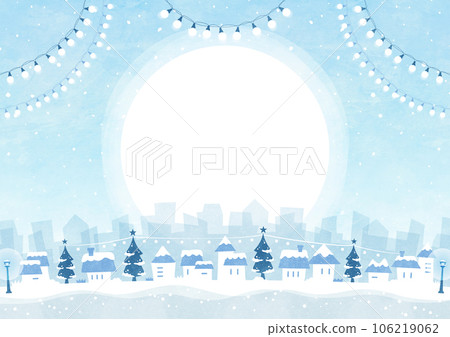 Christmas background frame watercolor landscape illustration of city with illumination and snow Christmas background frame watercolor landscape illustration of city with illumination and snow 106219062