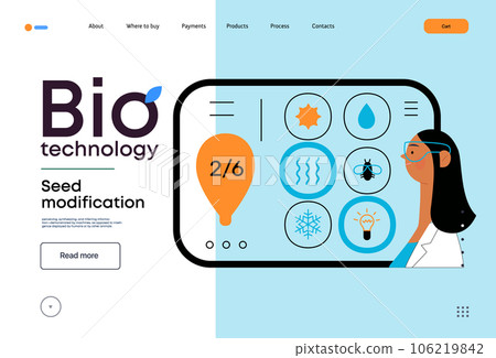 Bio Technology, Seed Modification -modern flat vector concept illustration of scientists choosing features for a seed, genetic modificated variants. Metaphor of direct impact of GMO on vegetation Bio Technology, Seed Modification -modern flat vector concept illustration of scientists choosing features for a seed, genetic modificated variants. Metaphor of direct impact of GMO on vegetation 106219842