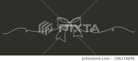 Tied ribbon bow hand drawing one line. Vector stock illustration isolated on black background for design template Christmas, Birthday greeting card, invitation or presentation. Editable stroke. EPS10 Tied ribbon bow hand drawing one line. Vector stock illustration isolated on black background for design template Christmas, Birthday greeting card, invitation or presentation. Editable stroke. EPS10 106219846