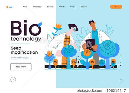 Bio Technology, Seed Modification -modern flat vector concept illustration of scientists analysing genetic modificated variants of a plant. Metaphor of direct impact of GMO on vegetation 106219847