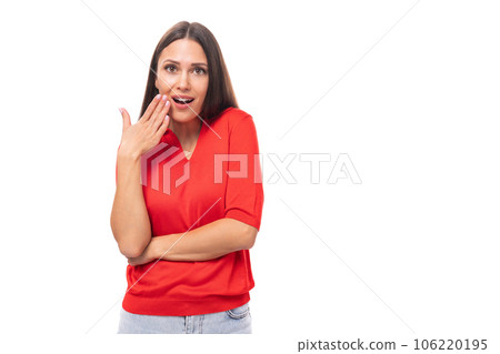 young caucasian female model with black straight hair dressed in a red t-shirt looking at the camera young caucasian female model with black straight hair dressed in a red t-shirt looking at the camera 106220195