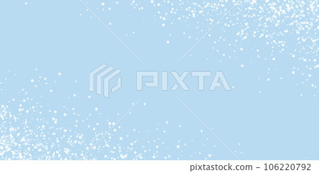 Snowy christmas background. Subtle flying snow flakes and stars on light blue winter backdrop. Delicate sweet snowy christmas. Wide vector illustration. Snowy christmas background. Subtle flying snow flakes and stars on light blue winter backdrop. Delicate sweet snowy christmas. Wide vector illustration. 106220792