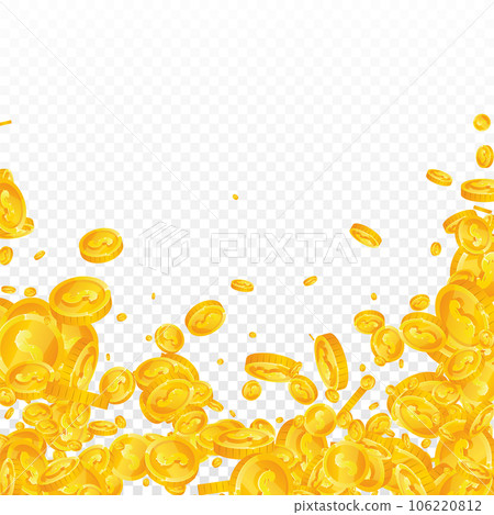 American dollar coins falling. Scattered gold USD coins. USA money. Jackpot wealth or success concept. Square vector illustration. 106220812