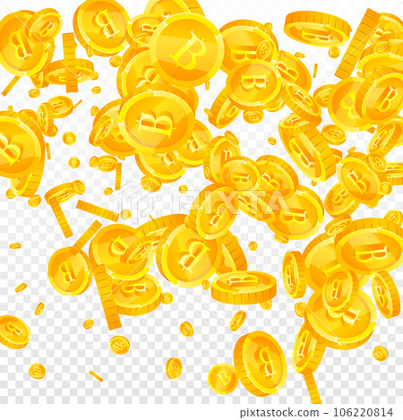 Thai baht coins falling. Gold scattered THB coins. Thailand money. Jackpot wealth or success concept. Square vector illustration. 106220814