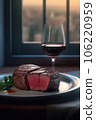 Beef meat steak on white and glass of red wine on table near window at evening Beef meat steak on white and glass of red wine on table near window at evening 106220959