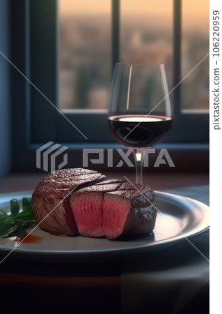 Beef meat steak on white and glass of red wine on table near window at evening Beef meat steak on white and glass of red wine on table near window at evening 106220959