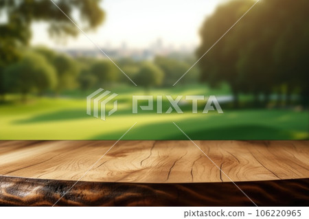 The empty wooden brown table top with blur background of country club. Exuberant. The empty wooden brown table top with blur background of country club. Exuberant. 106220965