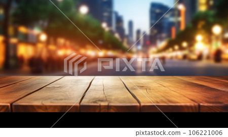 The empty wooden table top with blur background of street in downtown business district with people walking. Exuberant. The empty wooden table top with blur background of street in downtown business district with people walking. Exuberant. 106221006