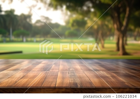 The empty wooden brown table top with blur background of country club. Exuberant. 106221034