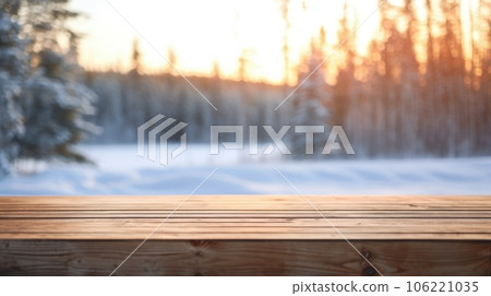 The empty wooden table top with blur background of winter in Finland. Exuberant. The empty wooden table top with blur background of winter in Finland. Exuberant. 106221035