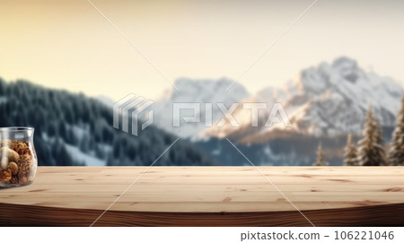 The empty wooden table top with blur background of Alpine with snow capped. Exuberant. The empty wooden table top with blur background of Alpine with snow capped. Exuberant. 106221046