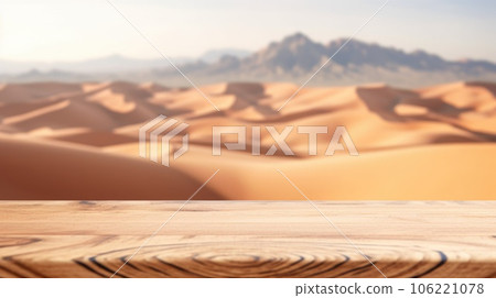 The empty wooden brown table top with blur background of desert dune mountain. Exuberant. The empty wooden brown table top with blur background of desert dune mountain. Exuberant. 106221078
