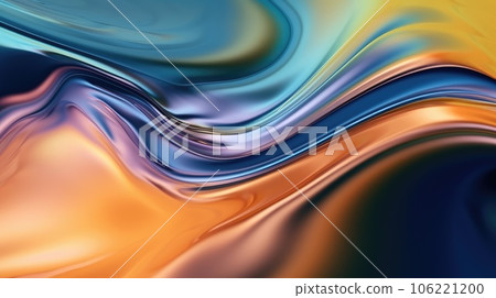 The close up of a glossy liquid surface abstract in green, blush pink, buttercup yellow, and navy blue colors with a soft focus. Exuberant 3D illustration. 106221200
