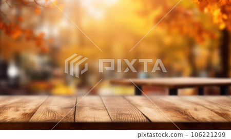 The empty wooden table top with blur background of autumn. Generative AI AIG30. 106221299