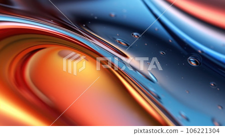 The close up of a glossy liquid surface abstract in red, yellow, and blue colors with a soft focus. Exuberant 3D illustration. 106221304