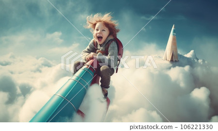 A Girl, excited, flying the rocket above clouds in the sky. Generative AI weber. 106221330