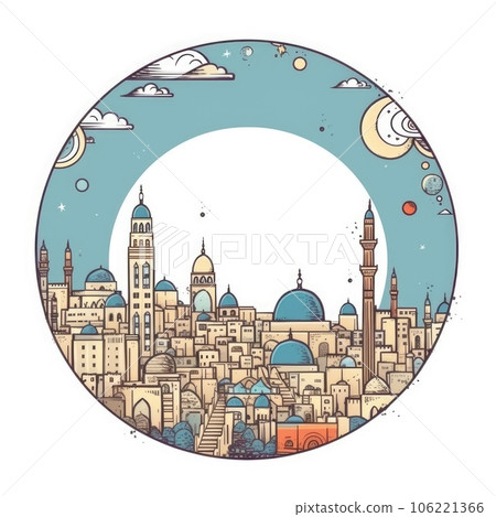 A circle shape frame with center space of Cairo of Egypt city skyline in simple doodle color cartoon style. Generative AI AIG32 A circle shape frame with center space of Cairo of Egypt city skyline in simple doodle color cartoon style. Generative AI AIG32 106221366