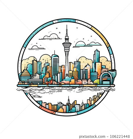 A circle shape frame with center space of Auckland city skyline in simple doodle color cartoon style. Generative AI AIG32 A circle shape frame with center space of Auckland city skyline in simple doodle color cartoon style. Generative AI AIG32 106221448