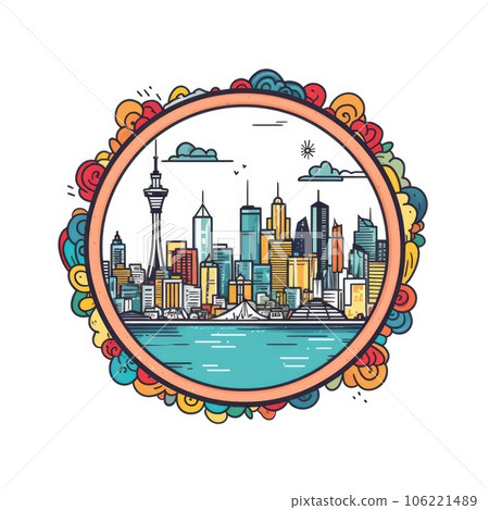 A circle shape frame with center space of Auckland city skyline in simple doodle color cartoon style. Generative AI AIG32 A circle shape frame with center space of Auckland city skyline in simple doodle color cartoon style. Generative AI AIG32 106221489