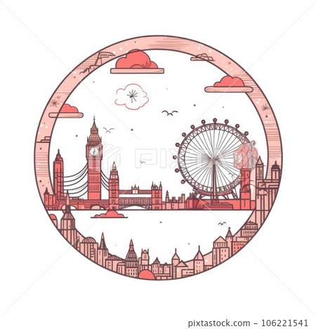 A circle shape frame with center space of London city skyline in simple doodle color cartoon style. Generative AI AIG32 A circle shape frame with center space of London city skyline in simple doodle color cartoon style. Generative AI AIG32 106221541