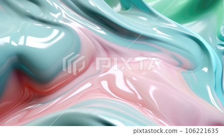The close up of a glossy liquid surface abstract in blush pink, powder blue, and mint green colors in pastel style with a soft focus. Exuberant 3D illustration. 106221635