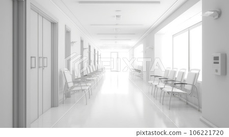 Hospital corridor with windows and white chairs, in the style of bokeh, light gray, bauhaus, light white, skillful. Generative AI weber. 106221720