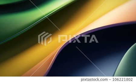 The close up of a glossy metal surface in green, blush pink, buttercup yellow, and navy blue color with a soft focus. Exuberant 3D illustration. 106221802