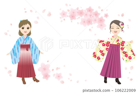 兩個穿著褲裙和櫻花框架的女人(日式無縫圖案) 兩個穿著褲裙和櫻花框架的女人(日式無縫圖案) 106222009