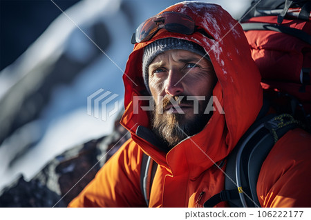 Male climber reaching the top of snowy mountain in sunny winter 106222177