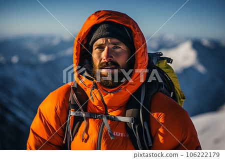 陽光明媚的冬天,男登山者到達雪山之巔 陽光明媚的冬天,男登山者到達雪山之巔 106222179