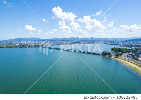 Drone | Aerial view of Omi Bridge over Lake Biwa with a refreshing blue sky | Shooting south | Otsu City, Shiga Prefecture 106222483