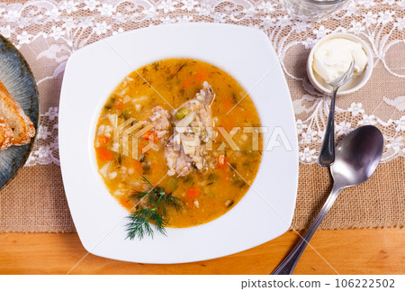 Rassolnik - Traditional Russian soup with pickled cucmbers 106222502