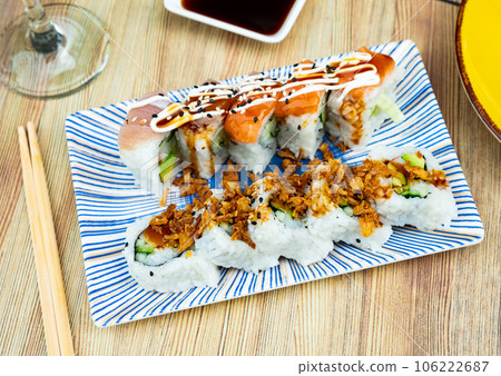 Uramaki Dragon and Karikari roll - beautifully served delicious food japanese. Uramaki Dragon and Karikari roll - beautifully served delicious food japanese. 106222687