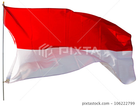 Against background of cloudy sky, white-red indonesian flag flutters on flagpole Against background of cloudy sky, white-red indonesian flag flutters on flagpole 106222799