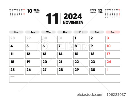 November 2024 calendar - Monthly calendar starting Monday - 3 months, no holidays, A version 106223087